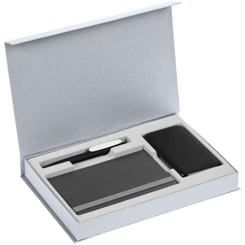Коробка Silk с ложементом под ежедневник 10x16 см, аккумулятор и ручку, серебристая фото 3
