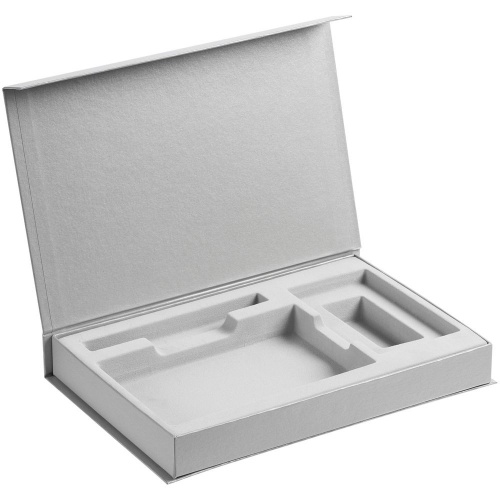 Коробка Silk с ложементом под ежедневник 10x16 см, аккумулятор и ручку, серебристая фото 2