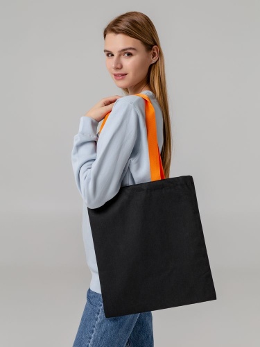 Холщовая сумка BrighTone, черная с оранжевыми ручками фото 4