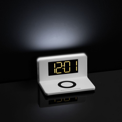 Часы настольные с беспроводным зарядным устройством Pitstop, белые фото 9