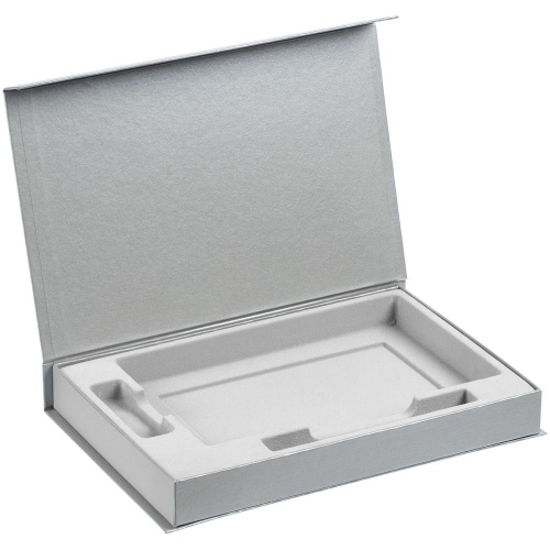 Коробка Silk с ложементом под ежедневник 13x21 см, флешку и ручку, серебристая фото 2